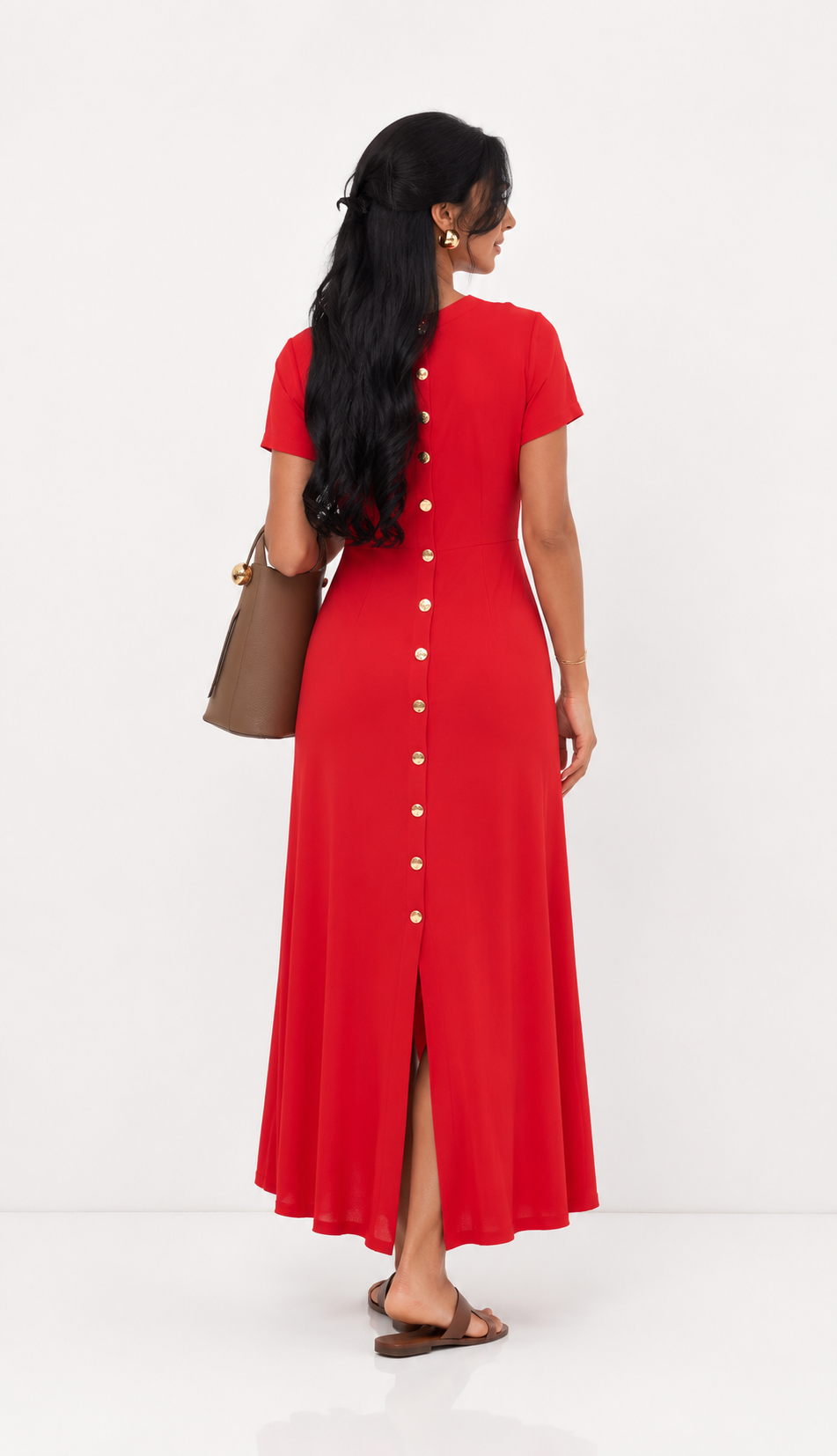 Red Button Detail Midi Dress
