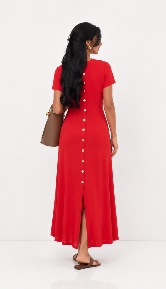 Red Button Detail Midi Dress