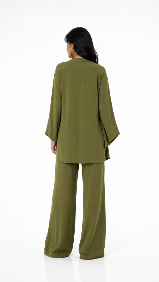 Olive Green Kimono & Wide Leg Pants Set