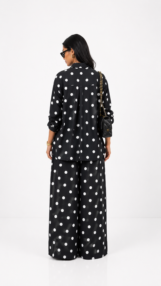Black Polka Dot Shirt & Wide Leg Pants Set