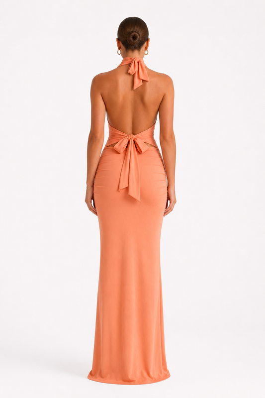 Coral Ruched Halter Maxi Dress