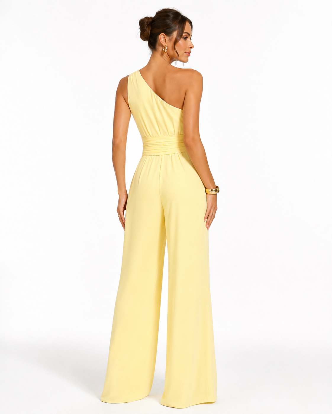 Soft Yellow One Shoulder Wide Leg Jumpsuit