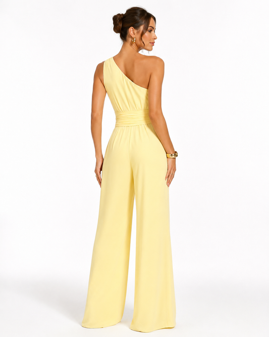 Soft Yellow One Shoulder Wide Leg Jumpsuit