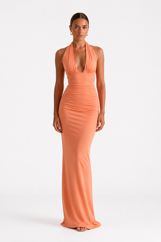 Coral Ruched Halter Maxi Dress