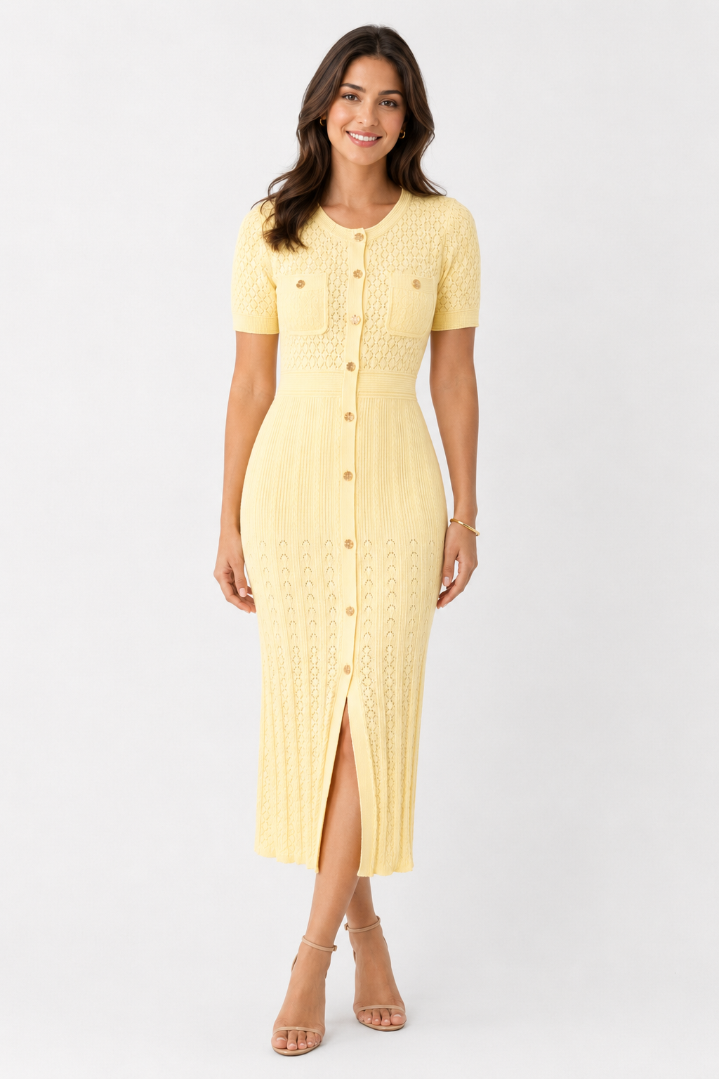 Soft Yellow Textured Midi Dress