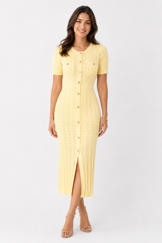 Soft Yellow Textured Midi Dress