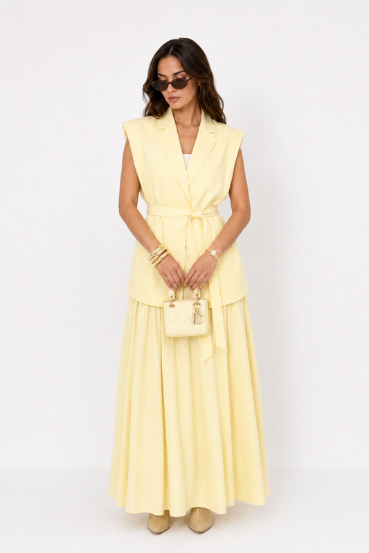Yellow Belted Vest Skirt Set