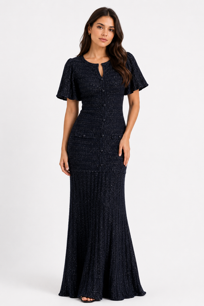 Black Elegant Tweed Maxi Dress