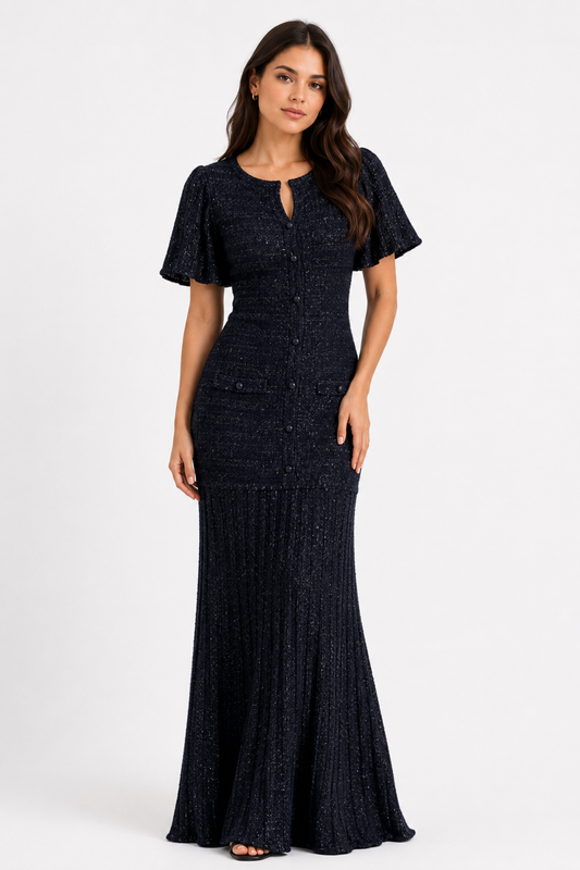 Black Elegant Tweed Maxi Dress