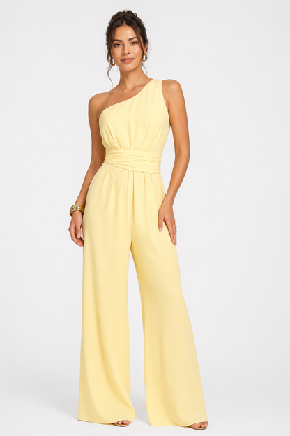 Soft Yellow One Shoulder Wide Leg Jumpsuit