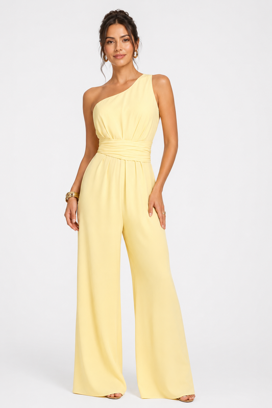 Soft Yellow One Shoulder Wide Leg Jumpsuit