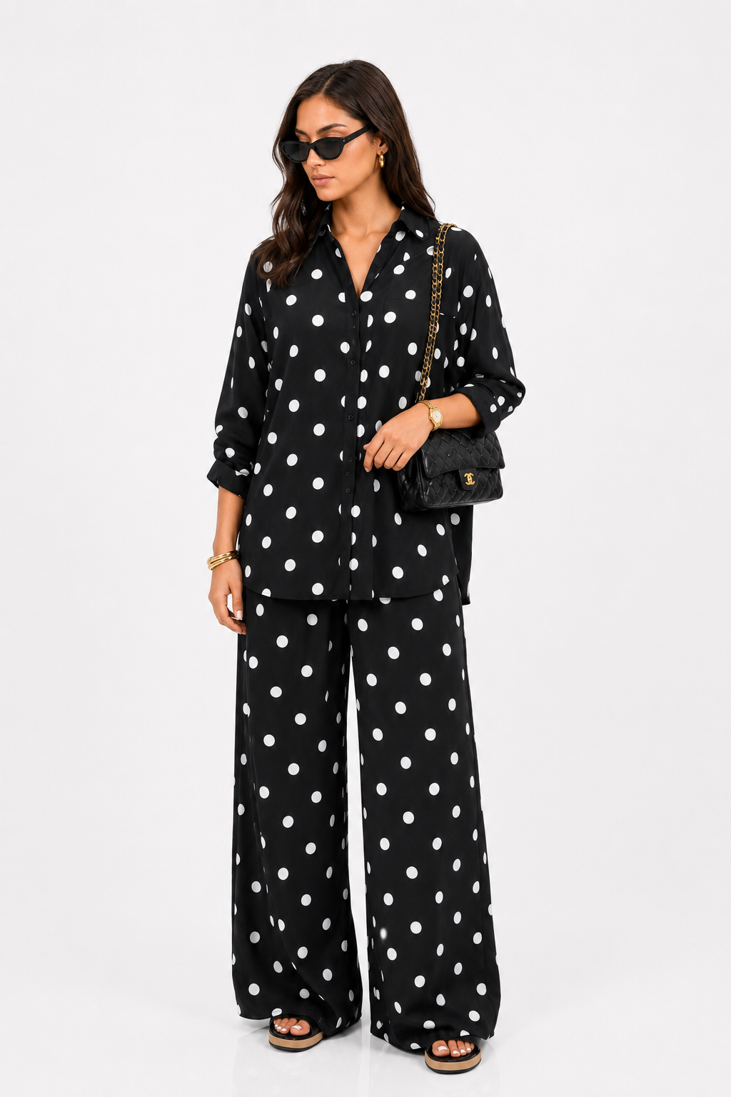 Black Polka Dot Shirt & Wide Leg Pants Set