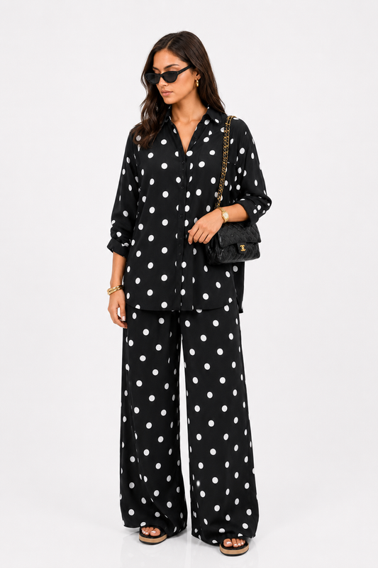 Black Polka Dot Shirt & Wide Leg Pants Set