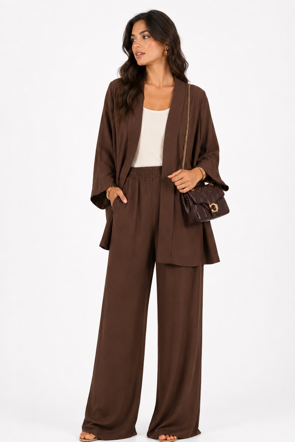 Mocha Kimono & Wide Leg Pants Set