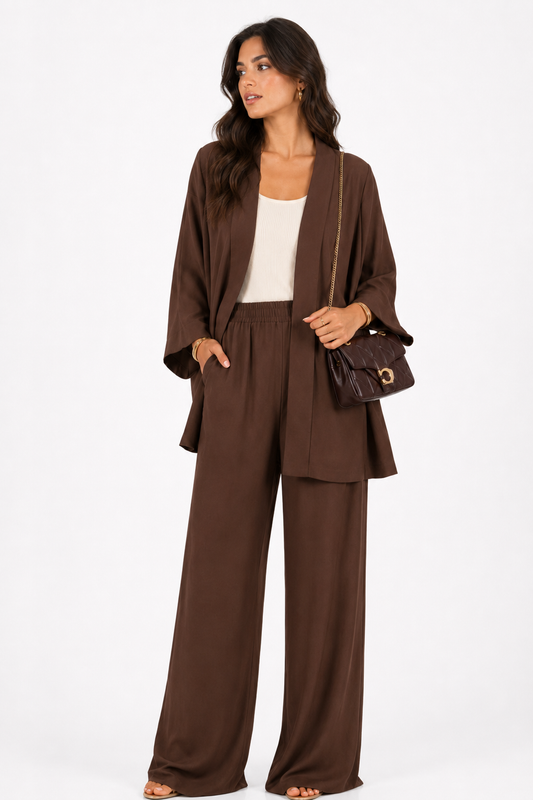 Mocha Kimono & Wide Leg Pants Set
