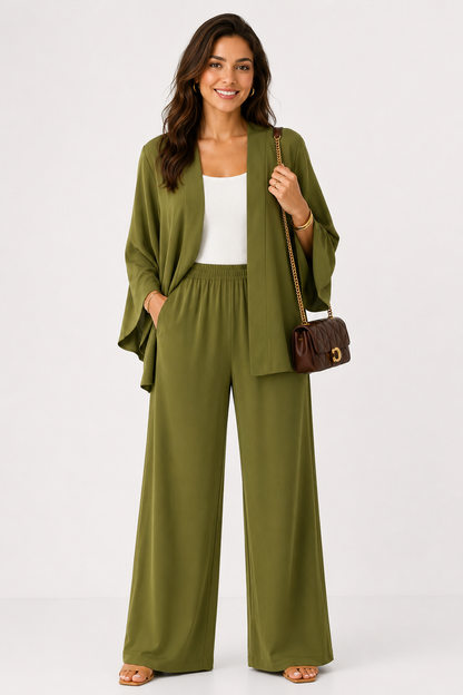 Olive Green Kimono & Wide Leg Pants Set
