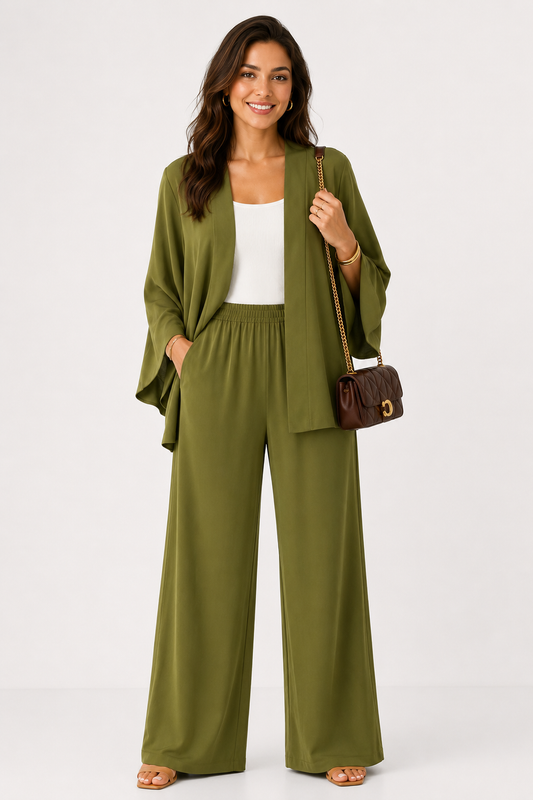 Olive Green Kimono & Wide Leg Pants Set