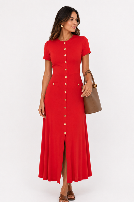 Red Button Detail Midi Dress