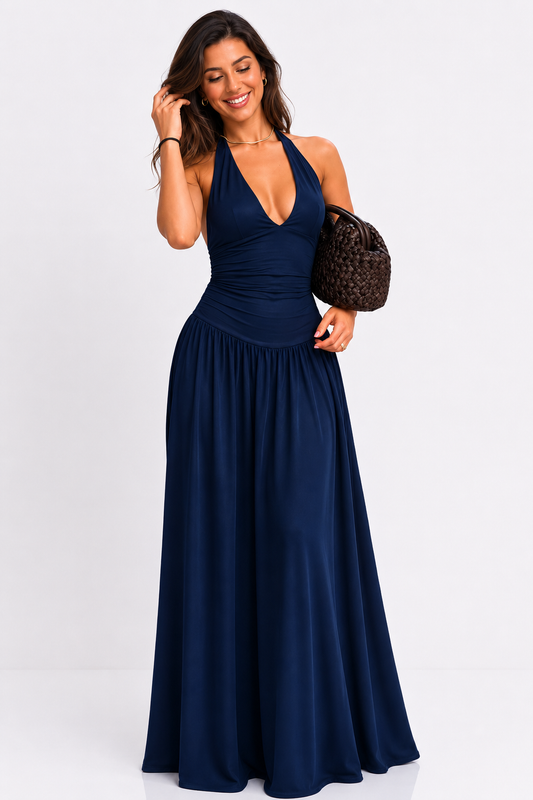 Navy Blue Halter Neck Maxi Dress